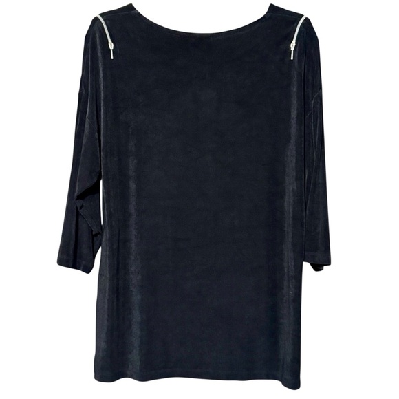 Chicos Travelers Very Dark Blue Black Zip Shoulder Slinky Stretchy Blouse - Picture 4 of 12